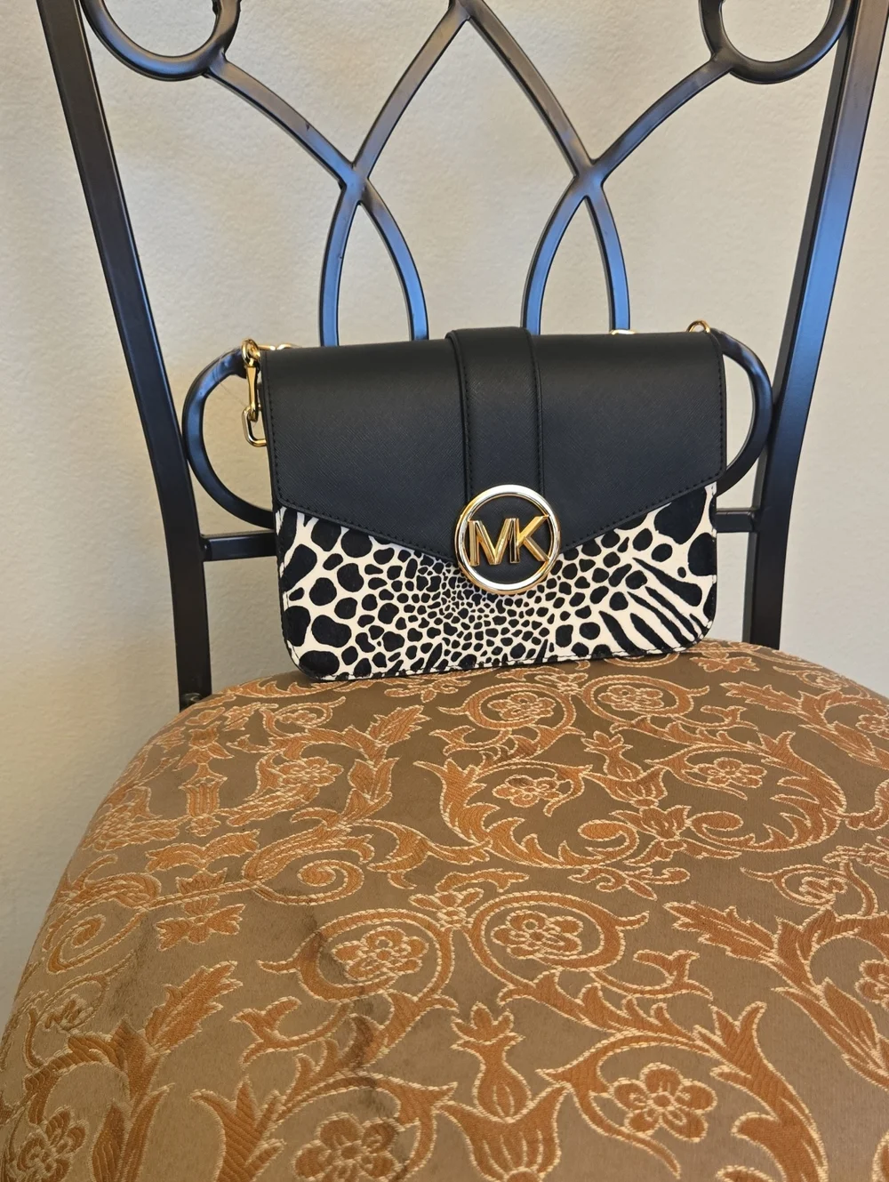 Michael Kors Black and White Animal Print Crossbody with Gold MK Emblem